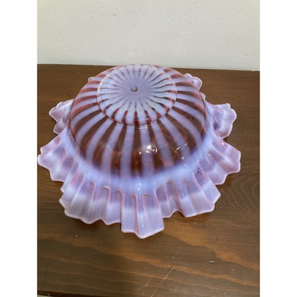 FENTON Cranberry Opalescent Striped Rose Overlay Ruffled Art Brides Bowl - Picture 11 of 16